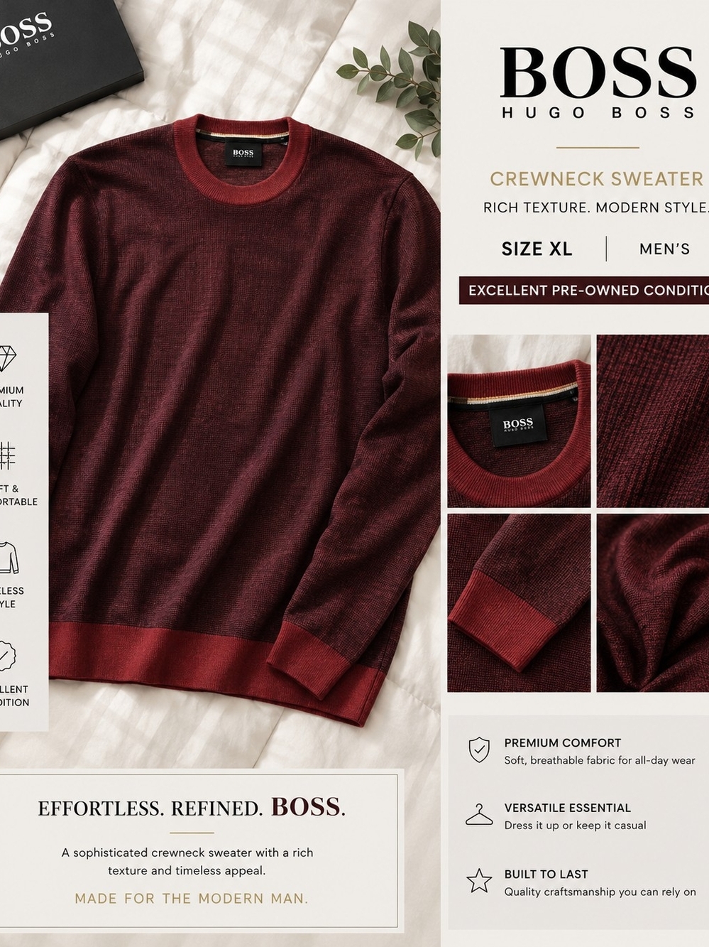 Hugo Boss Men's Crewneck Sweater in Burgundy and Wine